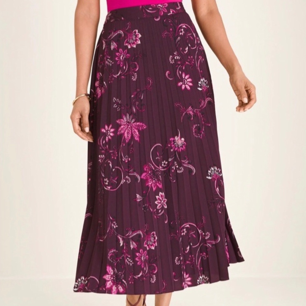 CHICO'S Floral Pleated Lined Midi Skirt
